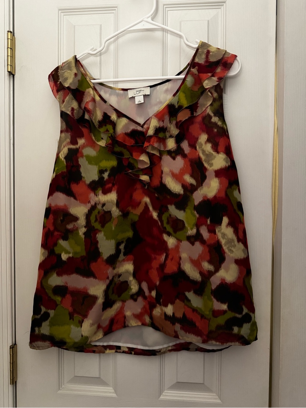 LOFT Sleeveless Ruffle V-Neck Camisole in Multi Floral Red Olive Cream